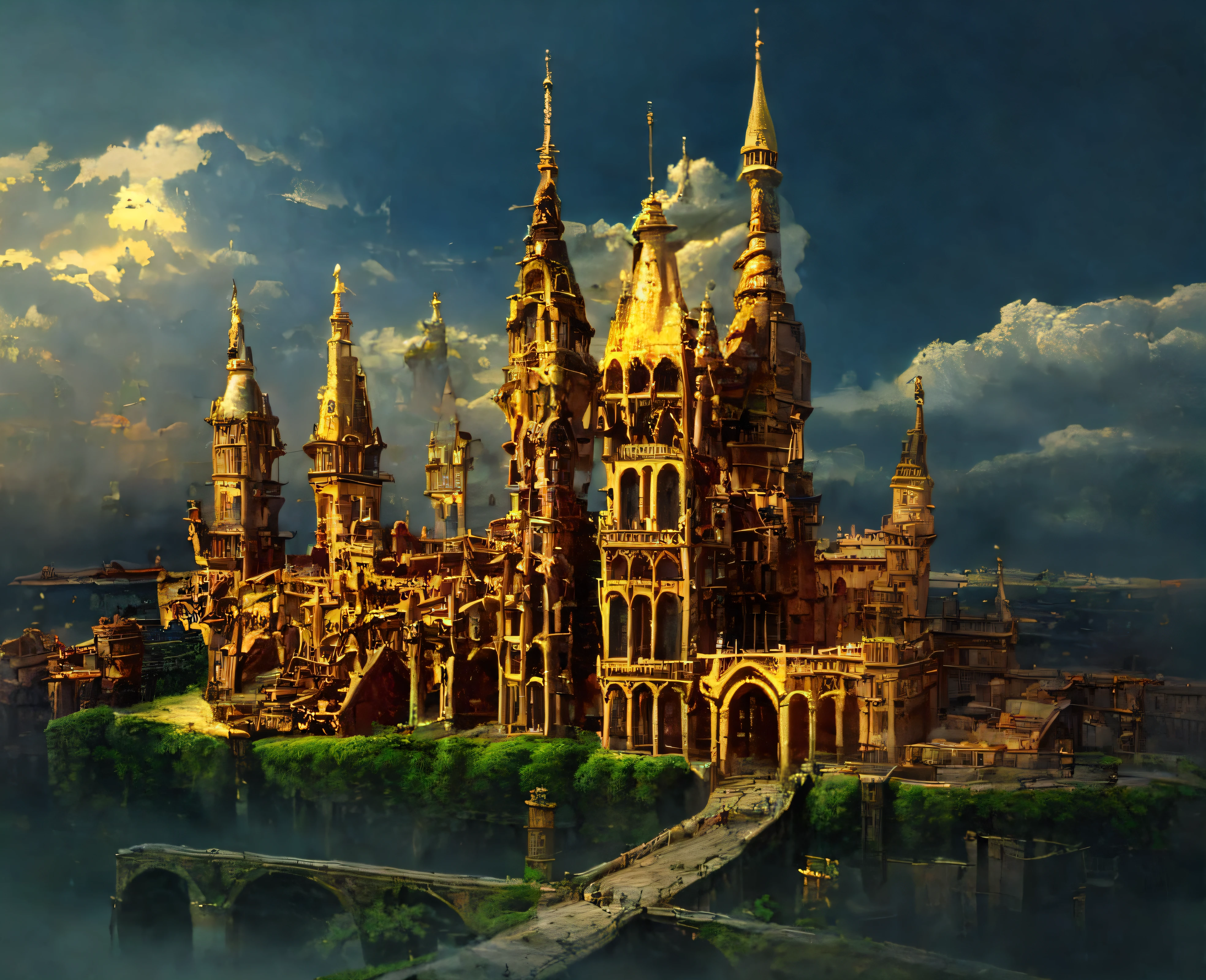 a close up of a castle with a clock tower on a hill, an immense floating castle, fantasy architecture, very far royal steampunk castle, steampunk villages castles, fantasy capital city, high fantasy castle, ancient steampunk city, symmetrical epic fantasy art, big and structured valhalla city, fantasy highly detailed, floating palace, atlantis city, epic castle with tall spires