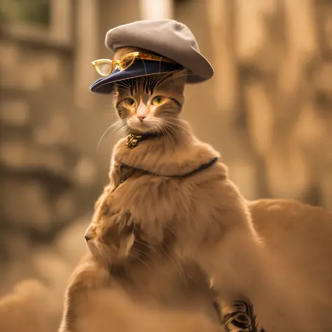 a female cat looks like a leader, a hat in her had, stand by a team of solder