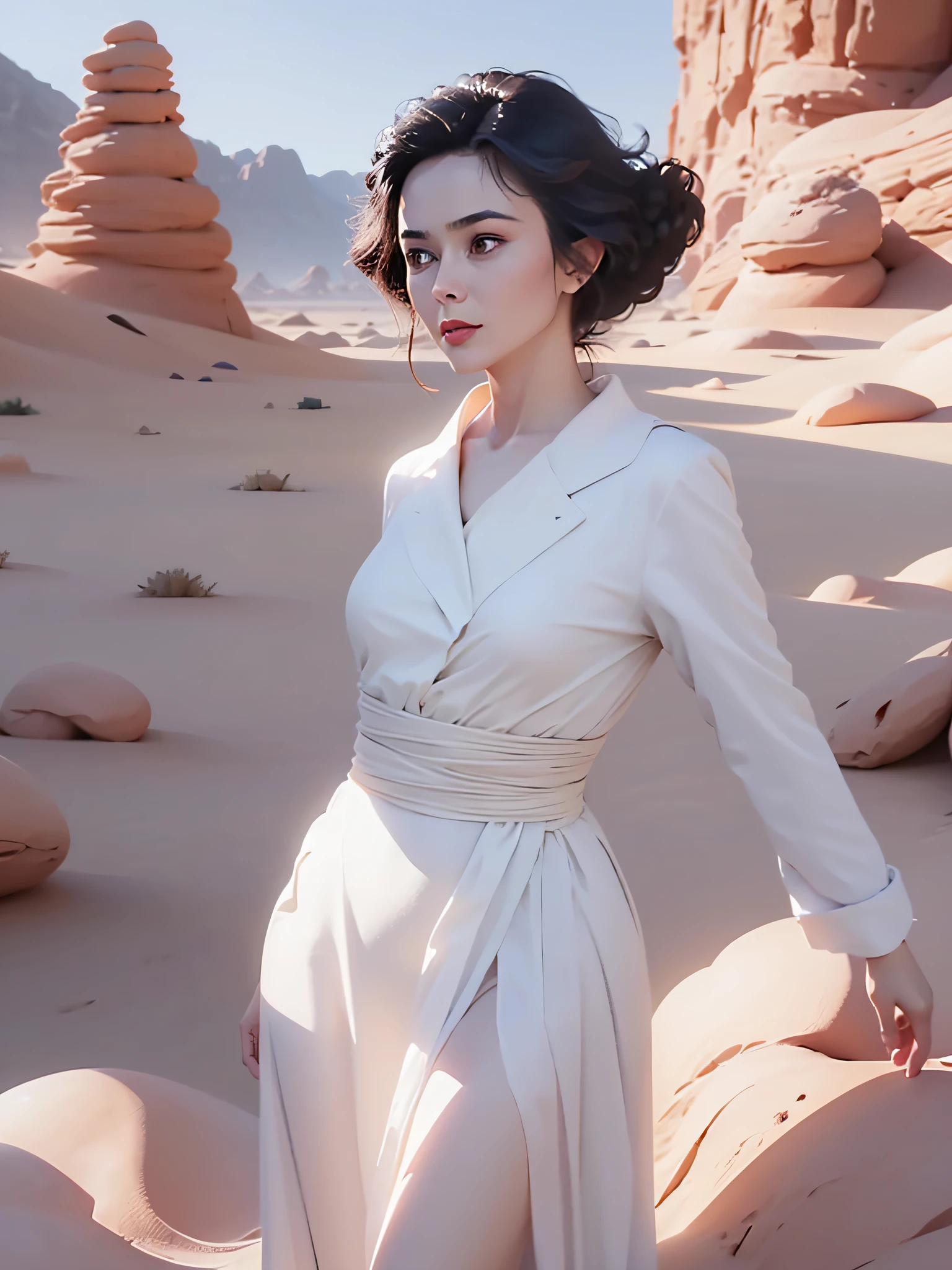 Egyptian Princess, dressed in few golden clothes, with medium black hair and black eyes, sensual and seductive look, in an oasis in the middle of the desert and camels in the background of the image, 真实感, conceptual artwork, Sur真实感, ray tracing, reflection light, cinematic lighting, 8k, high qualiy, High details, super detaill, best qualityer
