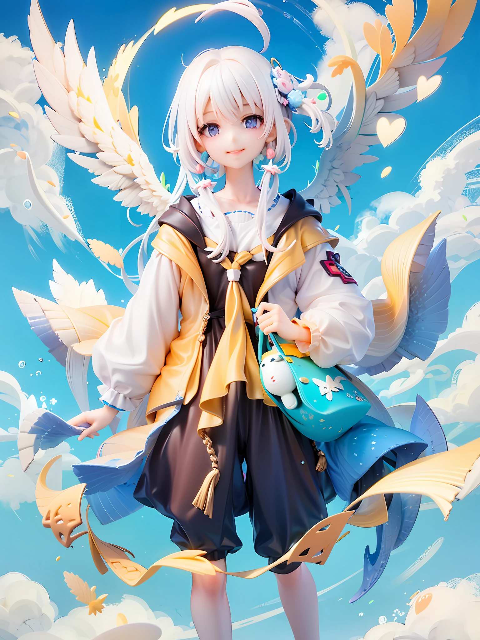 style kawaii, Style animé, 1fille, ange, situation, ailes blanches, cheveux blancs, flottant, ciel bleu, debout dans le ciel, sourire, Mise au point du visage