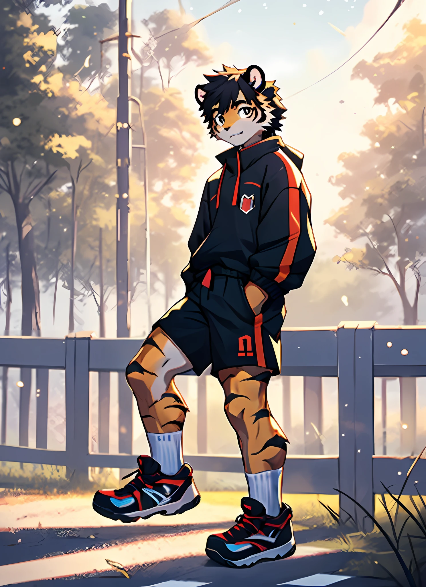 master-piece，officlal art，Hairy，Masculine，anthropomorphic tiger，Shota，15-year-old boy，Thin muscles，hair tie，Slim legs，Delicate face，exquisite eyes，Modern clothing，Casual wear，sport shoes，sunbeams，depthoffield，Perfect lighting，light Particle，（best qulity），（master-piece），（ultra-details），Sharp focus，light Particle