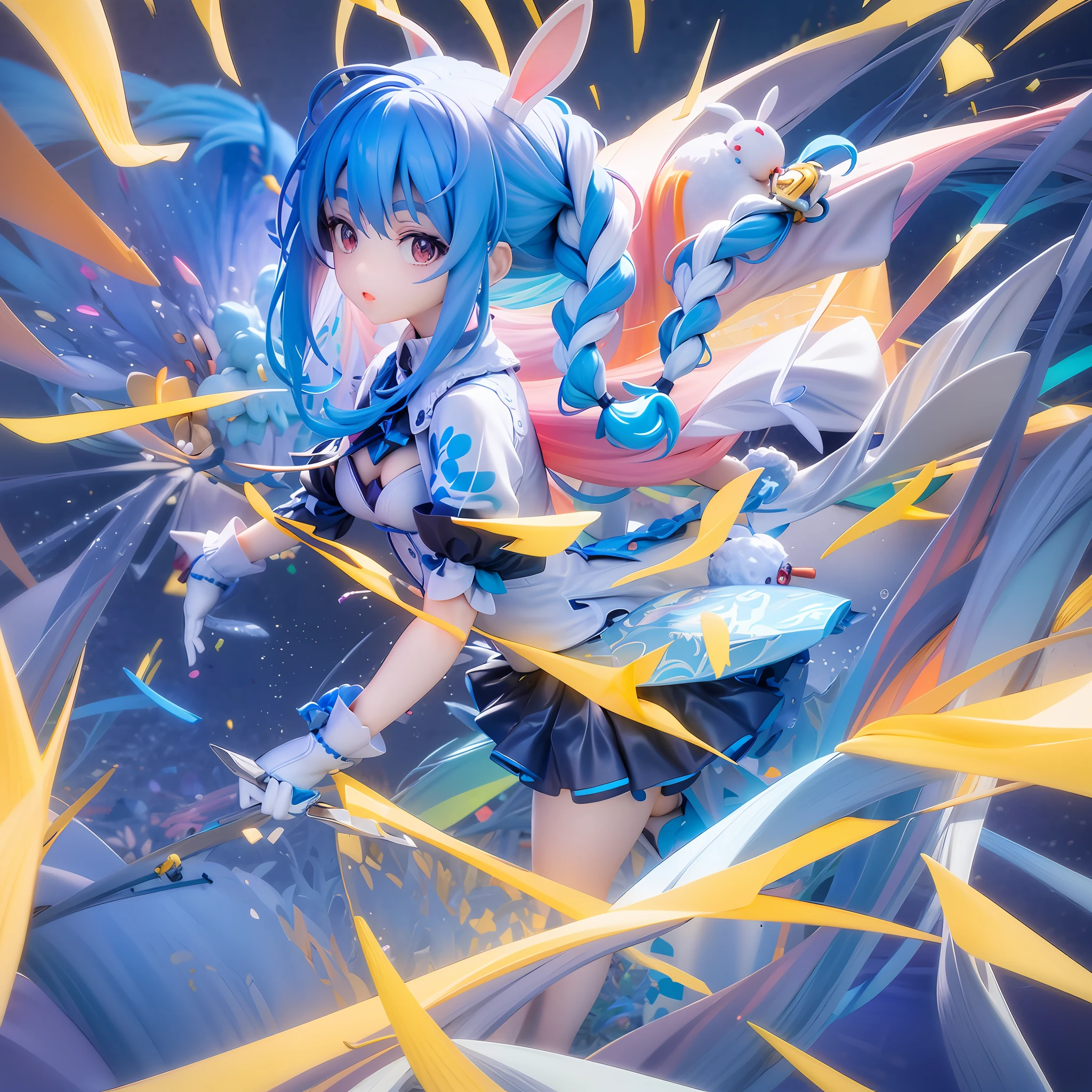 (figure: Used Pekora), bunny girl, blue hair, twin braids, a girl, 独奏, {{masterpiece}}, best quality, extremely detailed CG unity 8k wallpaper, cinematic lighting, lens flare, beautiful detail eyes, side glance, colorful light, particles, (colorful:1.5), (colorful hair:1.5)