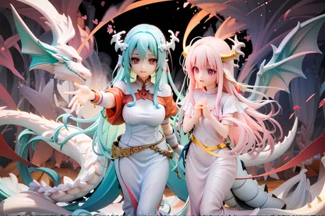 Two girls、Pastel colors、pale blue-green hair、Longhaire、Light pink hair、Dragon wings grow、Sister with a white dragon tail、Anxious...