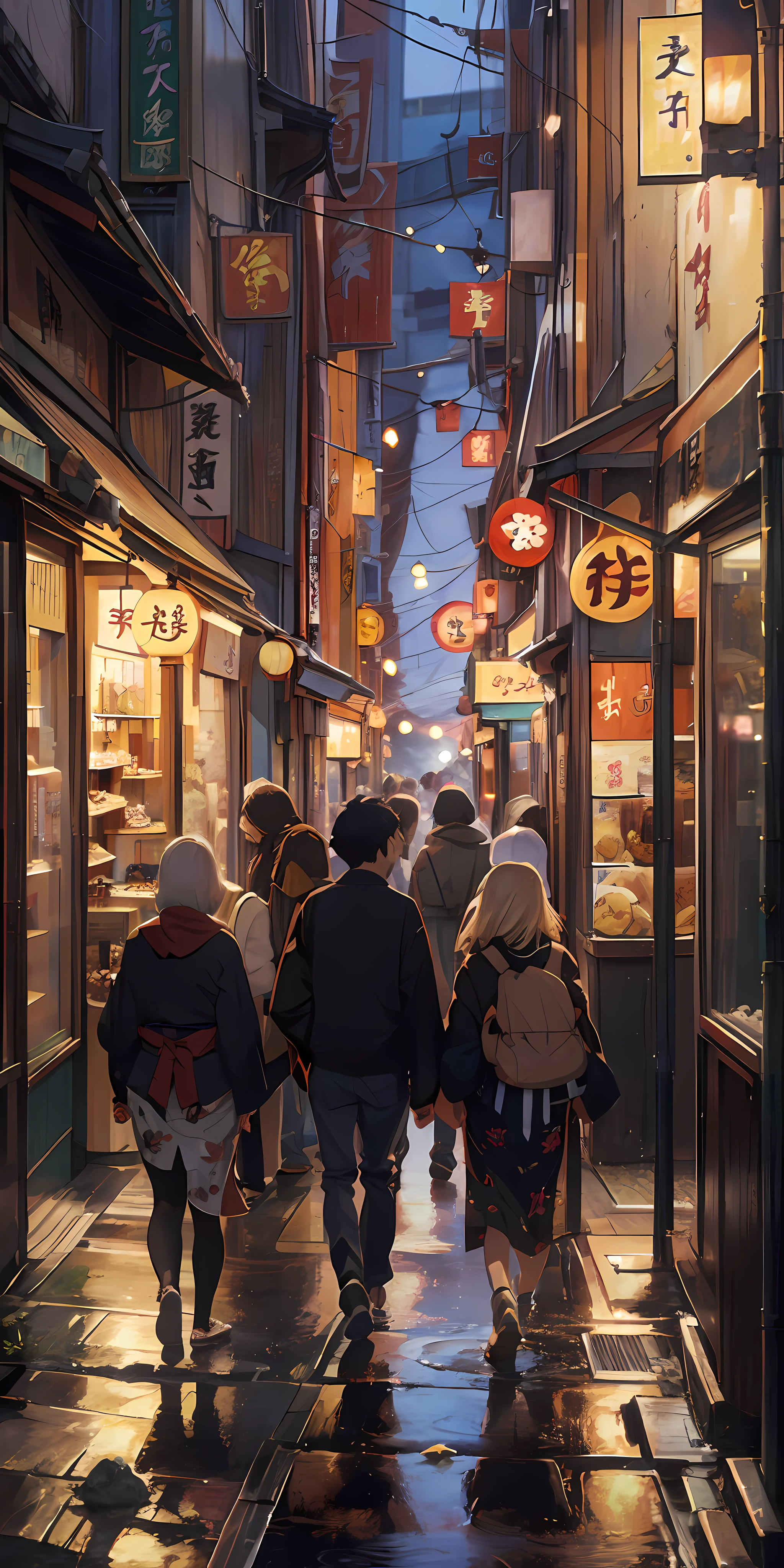 pessoas caminhando por uma rua estreita repleta de lojas e restaurantes, Tóquio Izakaya cena, rua japonesa, nas ruas de Tóquio, in a Rua de Tóquio, Beco de Tóquio, em uma cidade japonesa à noite, Rua de Tóquio, centro japonês, ruas cyberpunk no Japão, cidade japonesa à noite, beco tranquilo de Tóquio à noite, em Tóquio à noite, Japão à noite, ((qualidade máxima, 8K, obra de arte: 1.3)), chuvoso, ((poça de água: 1.3)), futurista, pôr do sol
