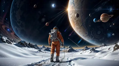 Astronauts walking on snowy surfaces，The background is planets, astronaut stranded on planet, astronaut walking, walking across ...