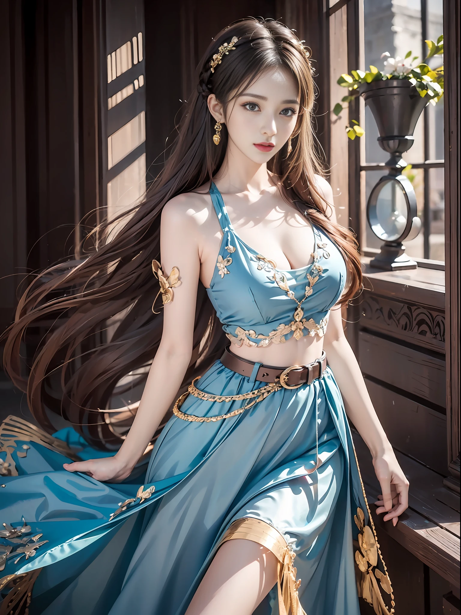 Best quality, best lighting, superb photo, best texture, silver blue flowing long hair, simple braided hair, sensual intellectual cool temperament beauty, red long dress, low-cut tucked outer skirt, ferret hair embellishment, gold exquisite belt, perfect body, pointed long and exquisite hair accessories, sense of atmosphere