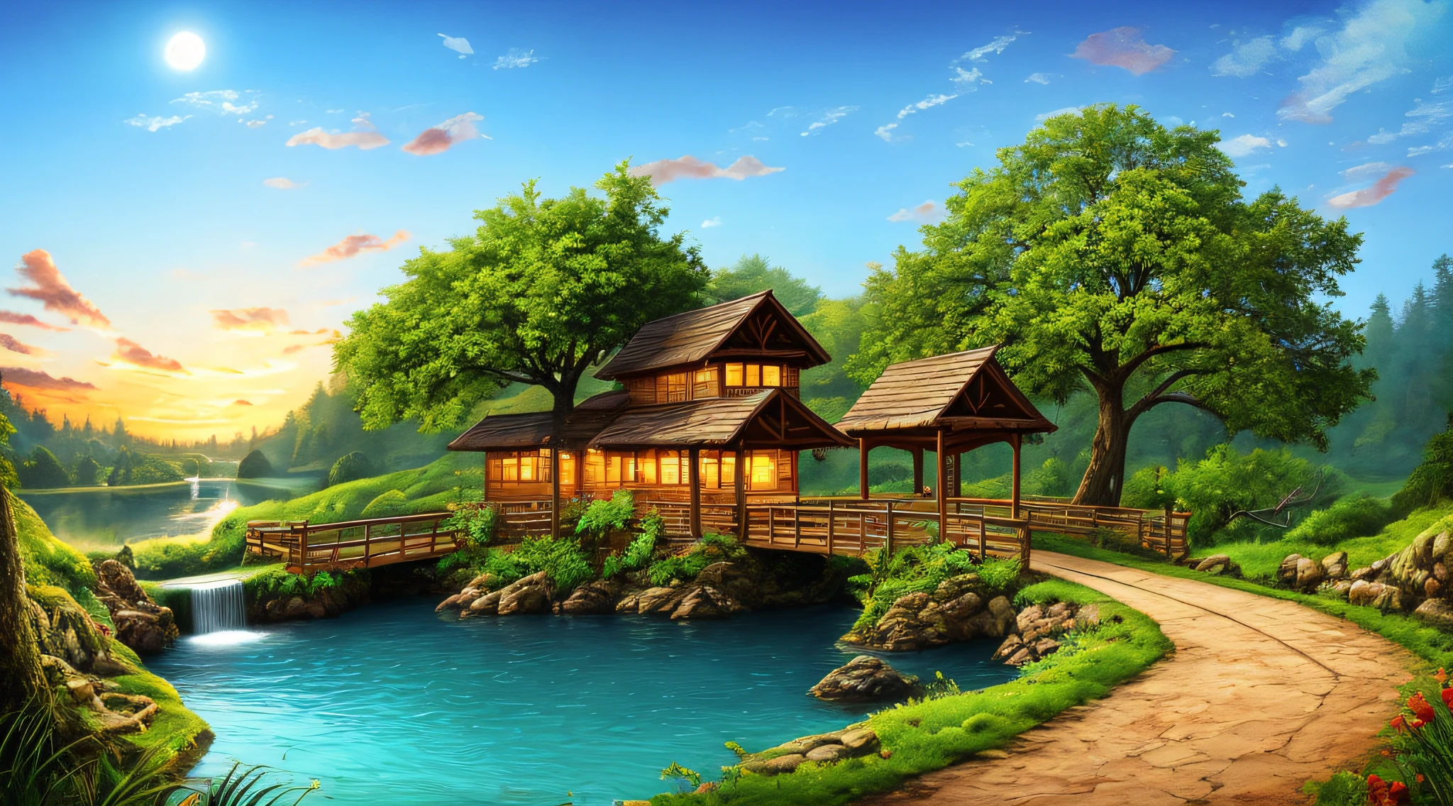 The best quality, masterpieces, beautiful wild and natural fantasy landscapes with glowing lights, clear spring waterfalls, tree houses, paths, bridges, glowing fruits on trees