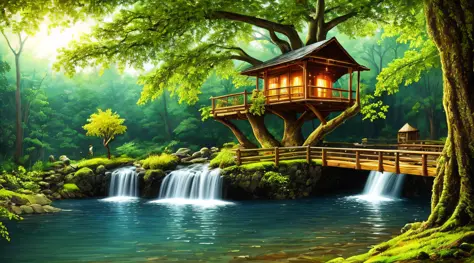 the best quality, masterpieces, beautiful wild and natural fantasy landscapes with glowing lights, clear spring waterfalls, tree...