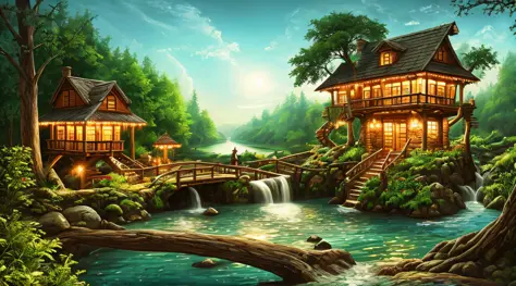 The best quality, masterpieces, beautiful wild and natural fantasy landscapes with glowing lights, clear spring waterfalls, tree...