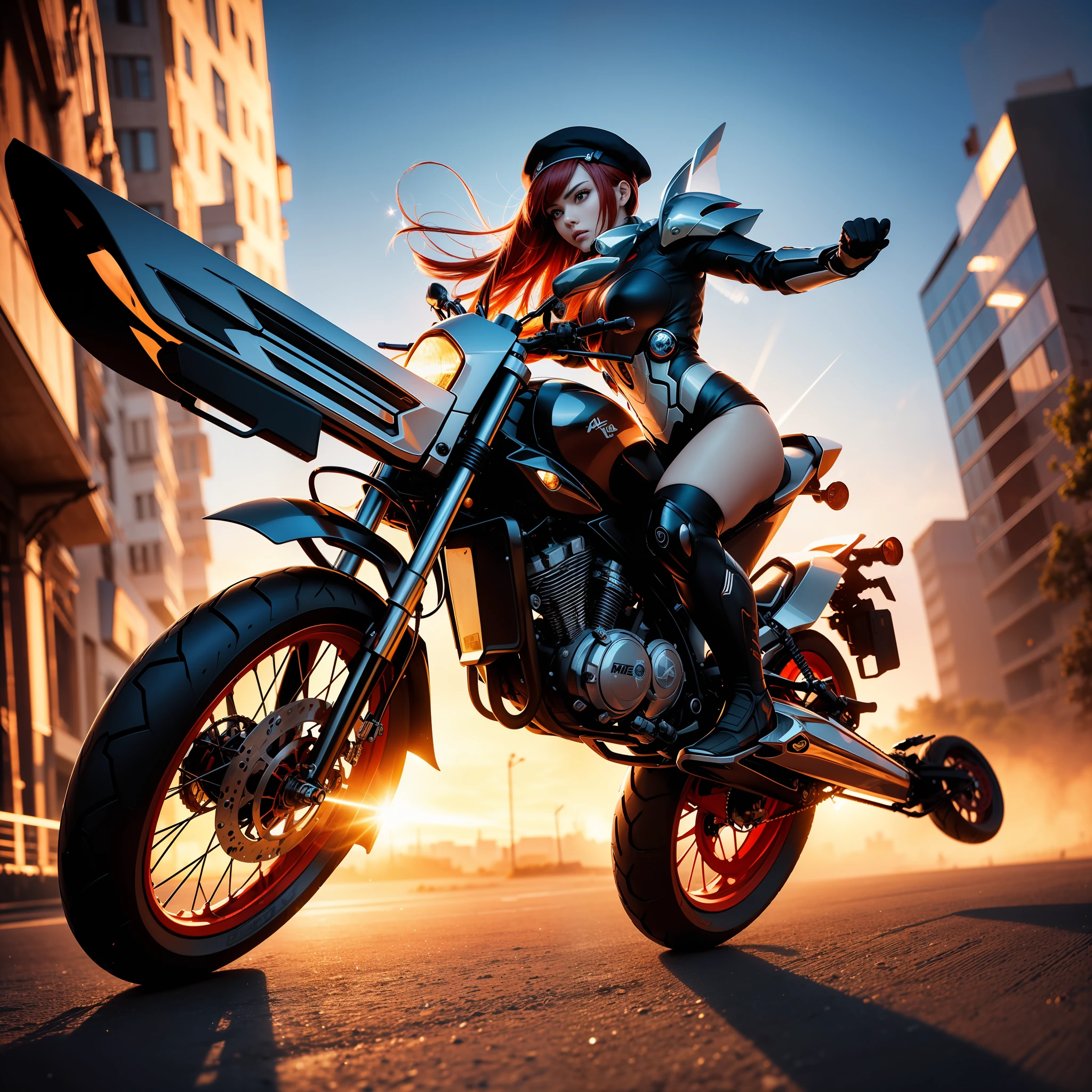 Woman in black and white outfit riding a motorcycle on a city street ...