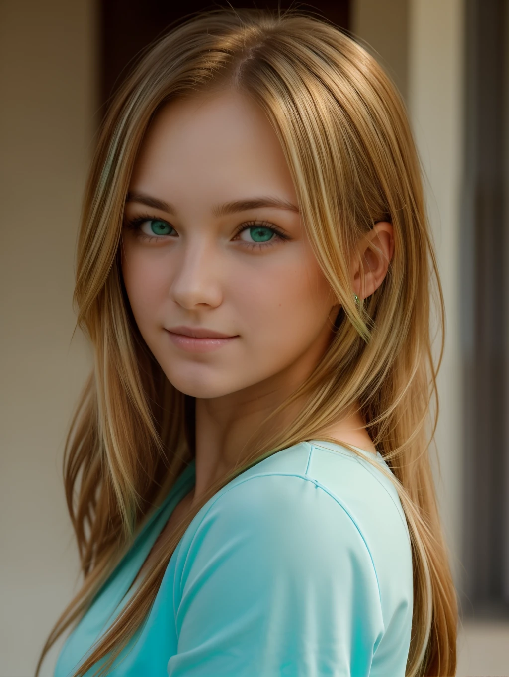 A photo of a beautiful girl with (long / short) (blonde / brunette / redhead) hair and (blue / green / brown) eyes. She is wearing a (casual / formal / sporty) outfit and has a (happy / sad / serious) expression on her face