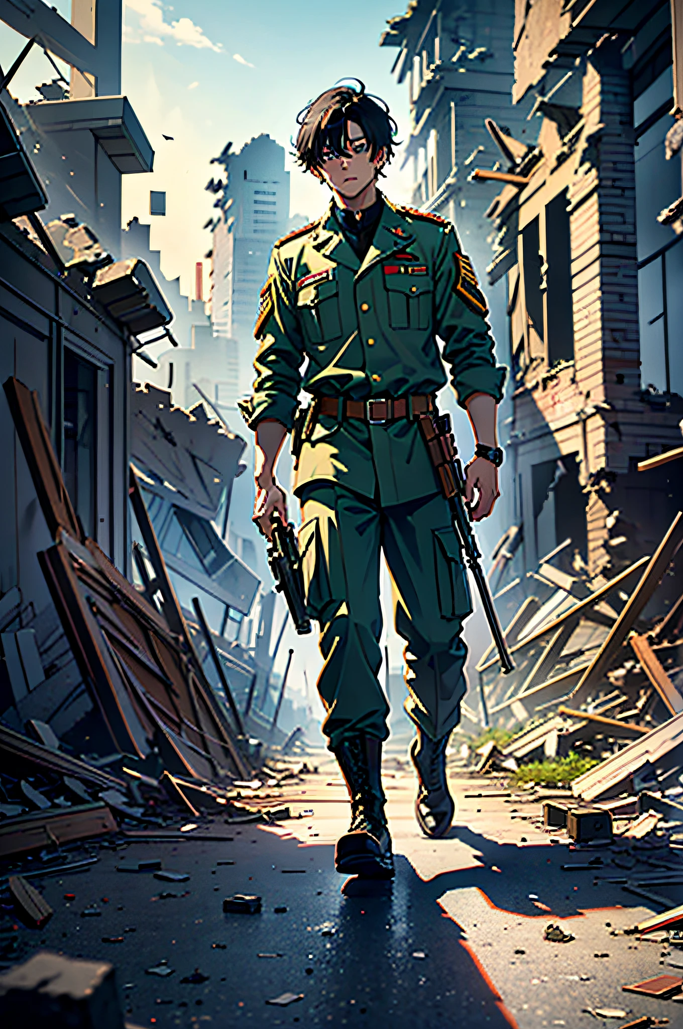 Anime character walking through a destroyed city with a gun - SeaArt AI