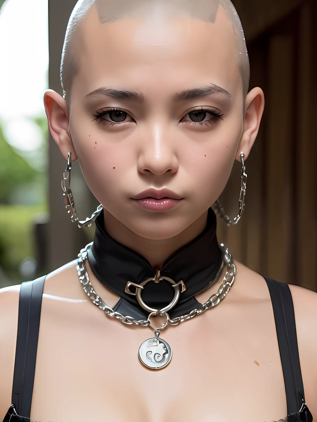 ((Hairstyle is shaved head, skinhead)), (Japan female), age 45 years old, 8K, photorealism, portrait, 85mm lens, depth of field, skin luster is delicate, eyes are brown, eyes are drooping, eyes are slightly apart, lips are plump, chubby, (Kyoko Fukada), black corset, mouth slightly open, earlobes and nose connected by chains, collars for large dogs, holding collars, (fair skin), tears