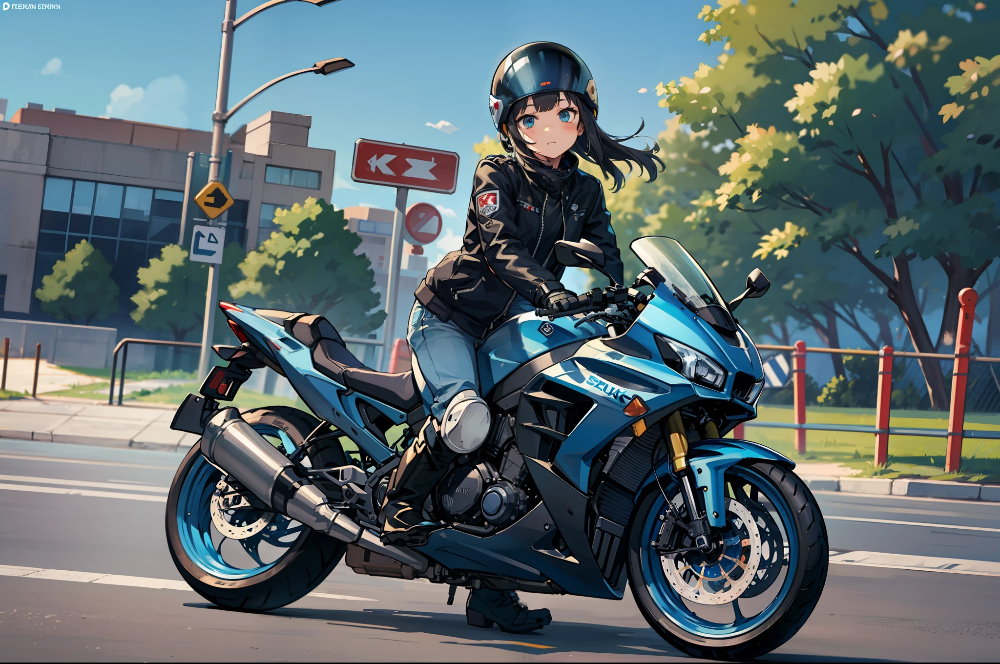 Beautiful highschool girl、touring、Holding and holding a full-face helmet、Riding jacket、Damaged jeans、Bike Gloves、Engineer Boots、roadside station、arafed blue motorcycle parked on the side of the road, futuristic suzuki, with a blue background, Blue, yoshimura exhaust, Sky Blue, Easy, motorcycle, motorcycle, Motorcycles,riding, full device, blue colored,