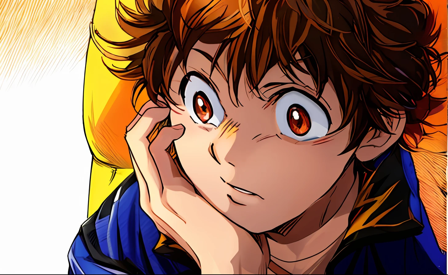 anime boy with brown, 1boy, male focus, black jacket, short hair, solo, daydream, light, color manga, manga color, color manga, color manga panel, simple background