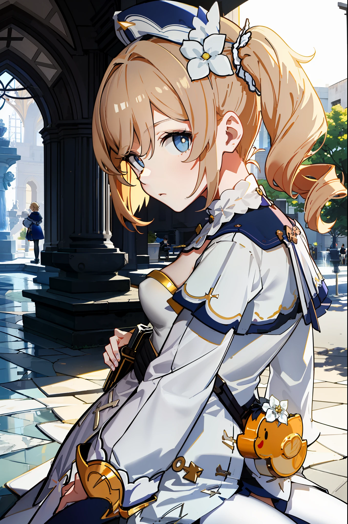 [barbara_(genshin_impact)], ((solo portrait)), ((front view)), ((High definition)), ((anime)), ((raytracing)), ((detailed shading)), {woman; (cute pale blue eyes, short eyelashes, dirty blonde hair, (2 curly twin-tails), small boobs), (short dress), (white church dress:1.0), (white pantyhose:1.2), (flower headband), (expressionless)}, ((sitting on bench; looking at viewer), [Background; mondstadt; (fountain, sidewalk, (daytime; (sunny))]