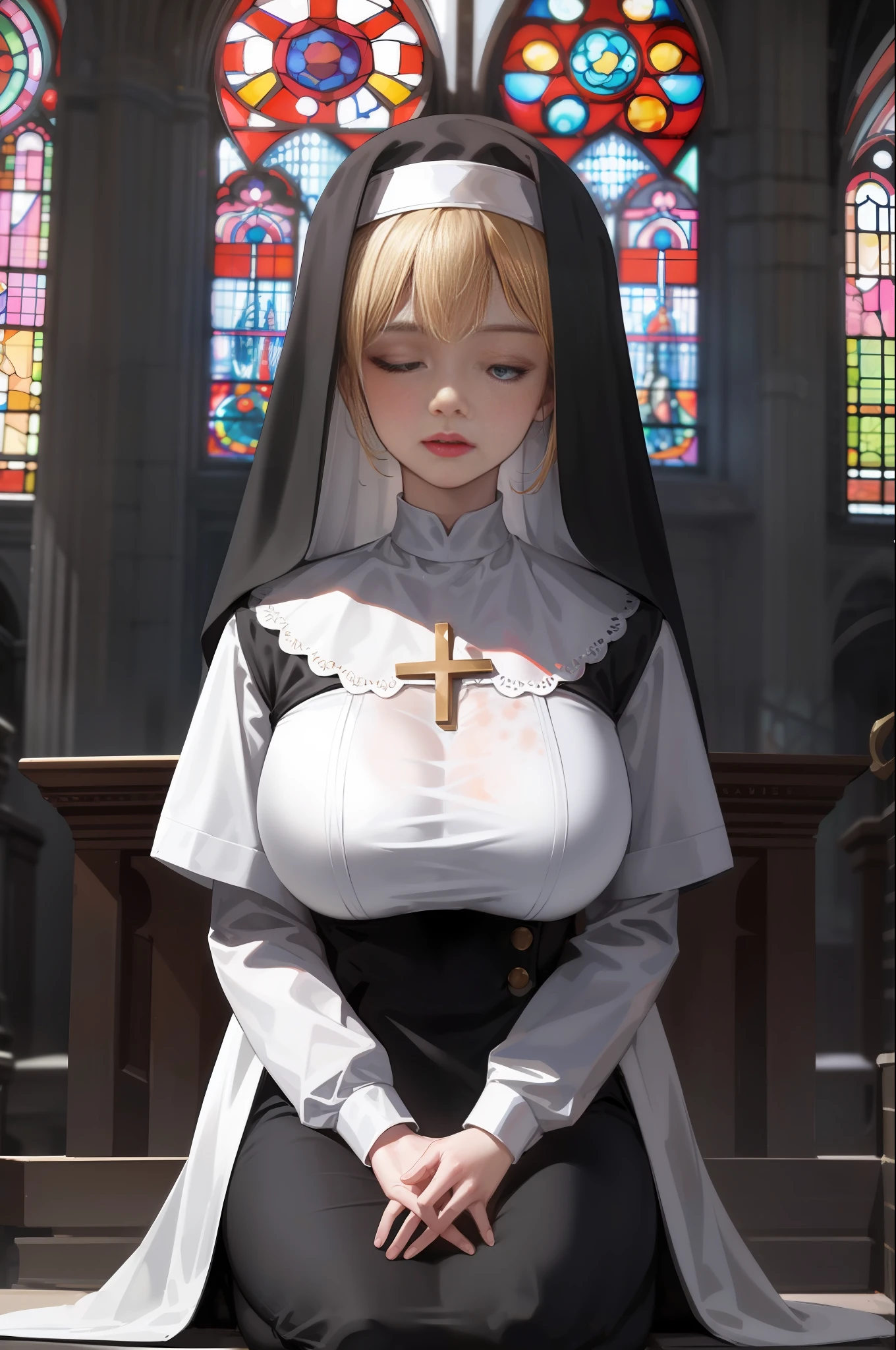 （best qulity，master-piece：1.4），（photorealestic：1.2），（photorealestic：1.2），（absurdities：1.2），4K，detailded，hyper detailed，Digital art of，Detailed face，church，inside room，stained glass colored，Mature women，Huge：1.3，Nun dress，Close your eyes，Kneeling ，praying，Cross your hands over your chest,