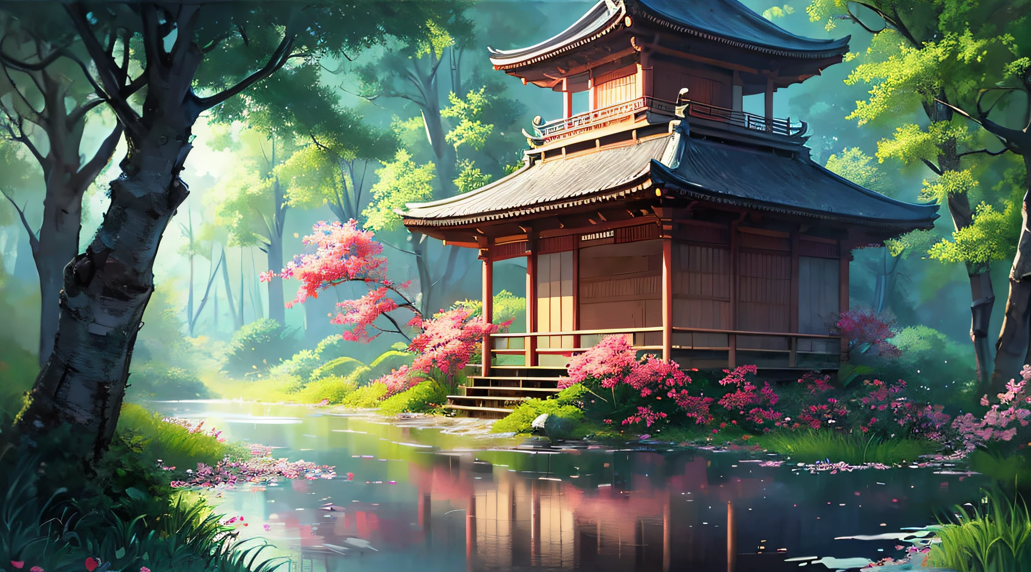 painting of a japanese house in a forest with a pond, beautiful digital artwork, andreas rocha style, inspired by Andreas Rocha, beautiful digital painting, digital painting of a pagoda, by Yang J, zen temple background, stunning digital painting, gorgeous digital painting, very beautiful digital art, a beautiful artwork illustration, quiet and serene atmosphere, japanese art style, serene illustration