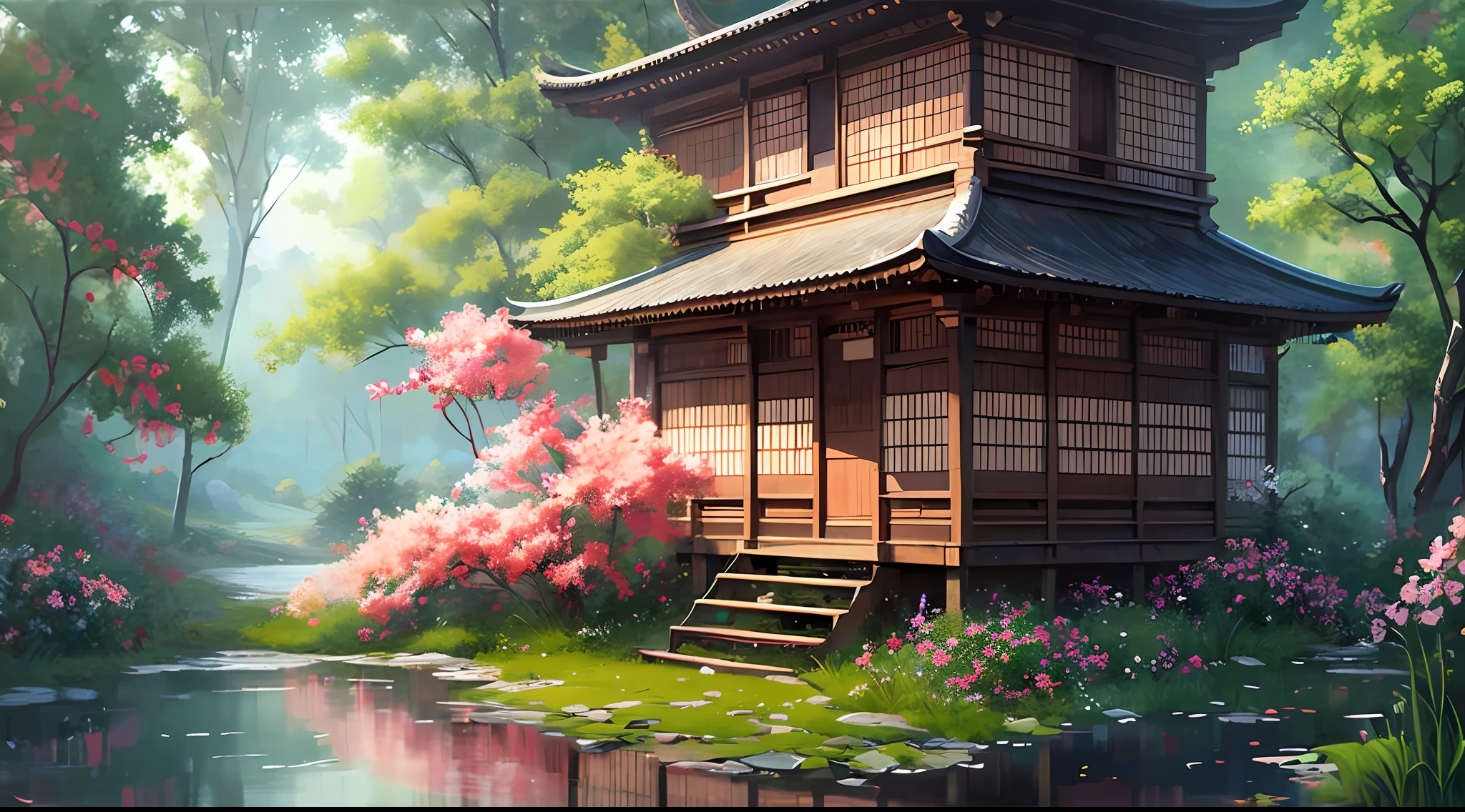 Gemälde eines japanischen Hauses in einem Wald mit einem Teich, Wunderschöne digitale Kunstwerke, Andreas Rocha Stil, Inspiriert von Andreas Rocha, schönes digitales Gemälde, digitales Gemälde einer Pagode, von Yang J, Zen-Tempel-Hintergrund, atemberaubende digitale Malerei, wunderschöne digitale Malerei, sehr schöne digitale Kunst, Eine wunderschöne Kunstwerk-Illustration, ruhige und heitere Atmosphäre, japanischer Kunststil, heitere Abbildung