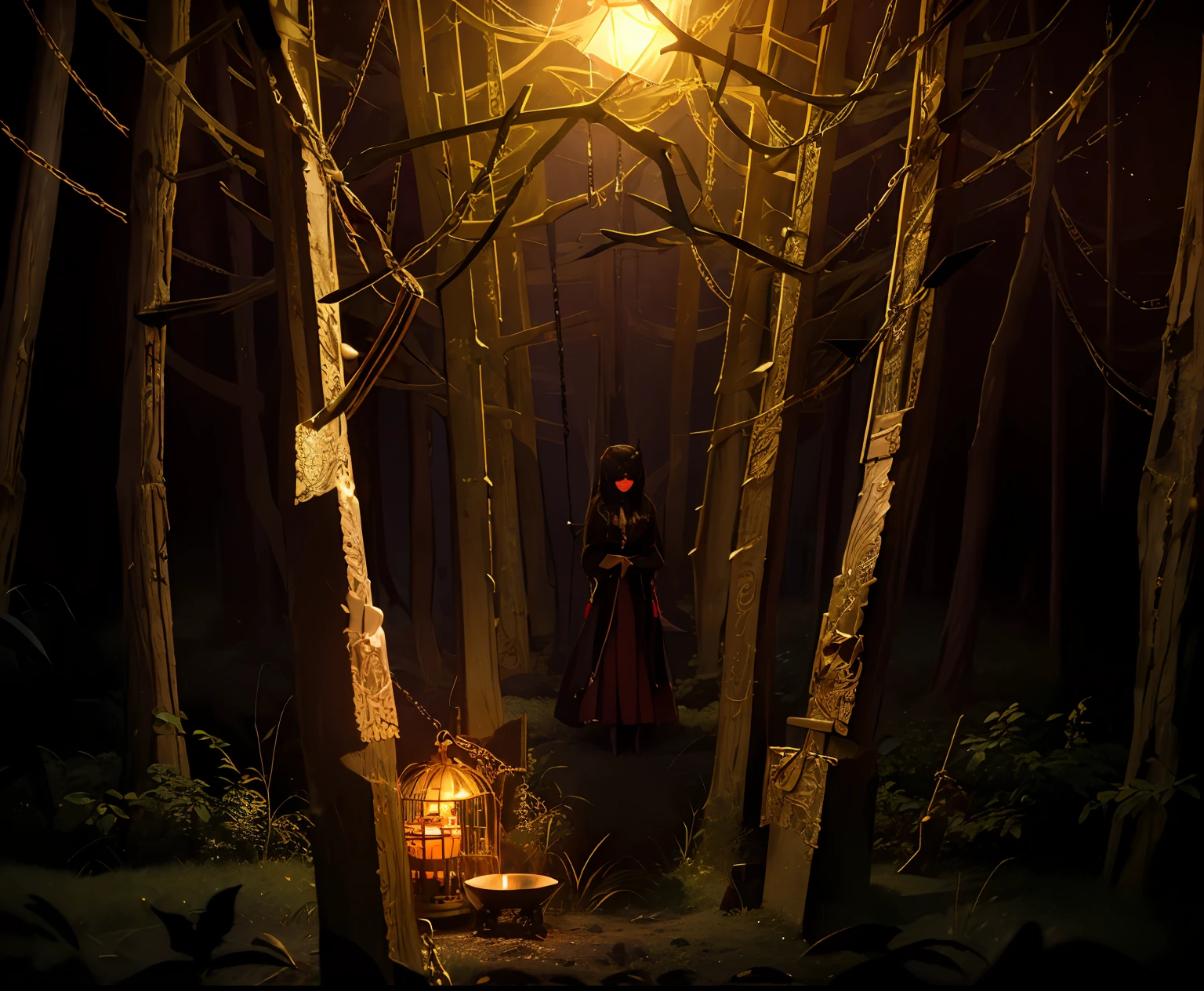 ภาพอาราเฟดของบุคคลที่ยืนอยู่ในป่าพร้อมไฟสีแดง, ยืนอยู่ในป่าอันมืดมิดที่เต็มไปด้วยฝันร้าย, เด็กหญิง 1 คนสวมหน้ากากตาบอด, ปีศาจ, ยืนอยู่ในป่าที่น่ากลัว, ตอนกลางคืน, (ถือกรงทองคำประดับด้วยลวดลายสีทอง), (ล้อมรอบด้วยโซ่)