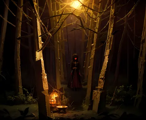 arafed image of a person standing in a forest with red lights, standing in a dark forest made of nightmares, 1girl wearing a bli...