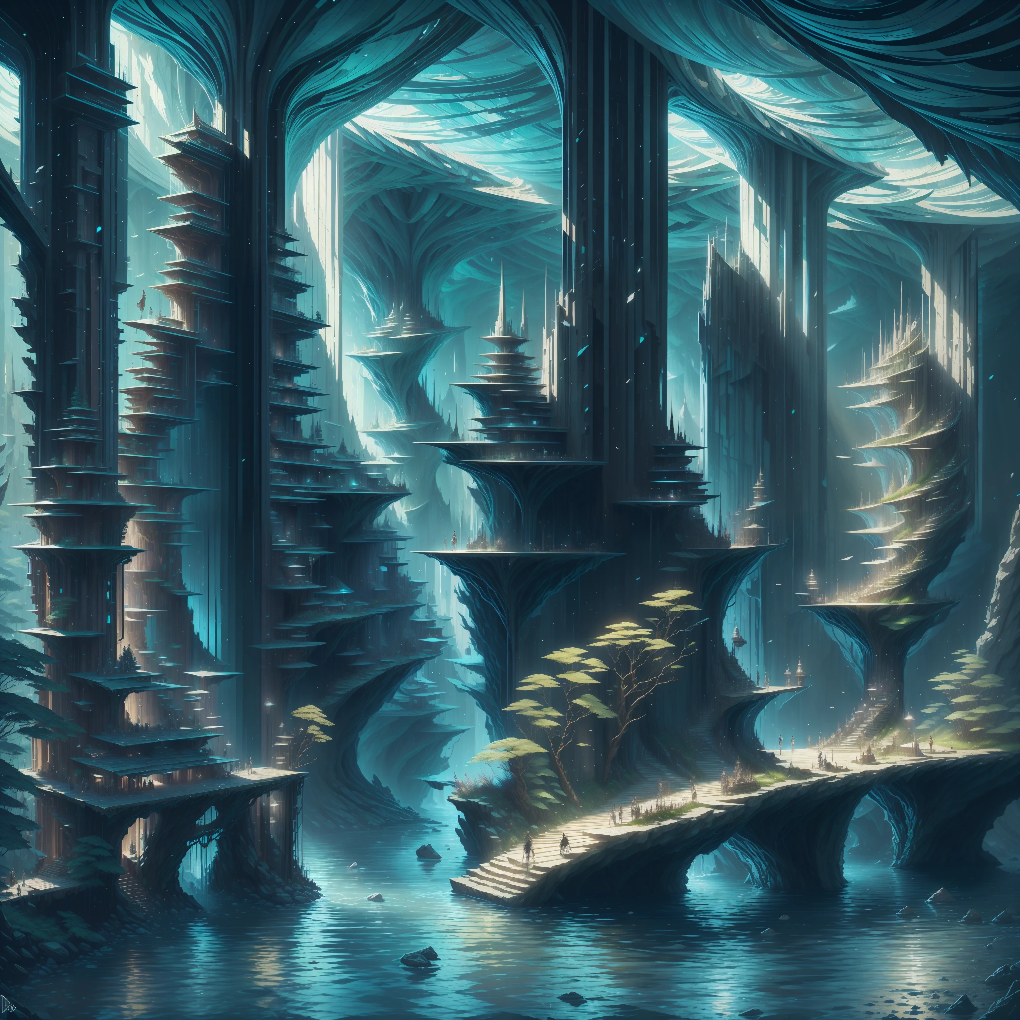 :an awesome sunny cheerful day environment concept art of Futuristic design of cave architecture interiors concept art on grand Canyon caves 自然 建築, 比例する,詳細, 巨大な滝のある熱帯雨林のジャングルの崖で、自然と未来的な建築が融合した洞窟建築,トワイライト・レイズ, アリエス・モロスのスタイルで自然と現代建築が出会う, レム・コールハース,ダニエル・リベスキンド, ジャン・ヌーベル, パオロ・ソレーリ,ドライブラシスタイルの伊東豊雄とフィリップ・ジョンソン ,キアロスクーロ村,崖沿いの住宅街, 混合開発,自然 建築,明るい色,高層建築の階段, バルコニー, ガラス張りのファサードがいっぱい,岩から彫られた, 傑作, 比例する, 詳細, アートステーションでトレンド, 美しい照明, 現実的, 複雑な