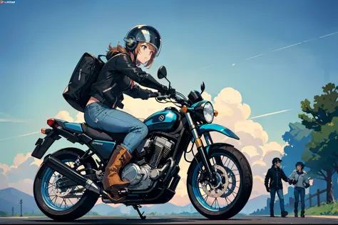 Beautiful highschool girl、touring、Wearing a full-face helmet、Riding jacket、Damaged jeans、Bike Gloves、Engineer Boots、roadside station、Alafed Blue Bike, futuristic suzuki, with a blue background, Blue, yoshimura exhaust, Sky Blue, motorcycle, motorcycle, Mot...