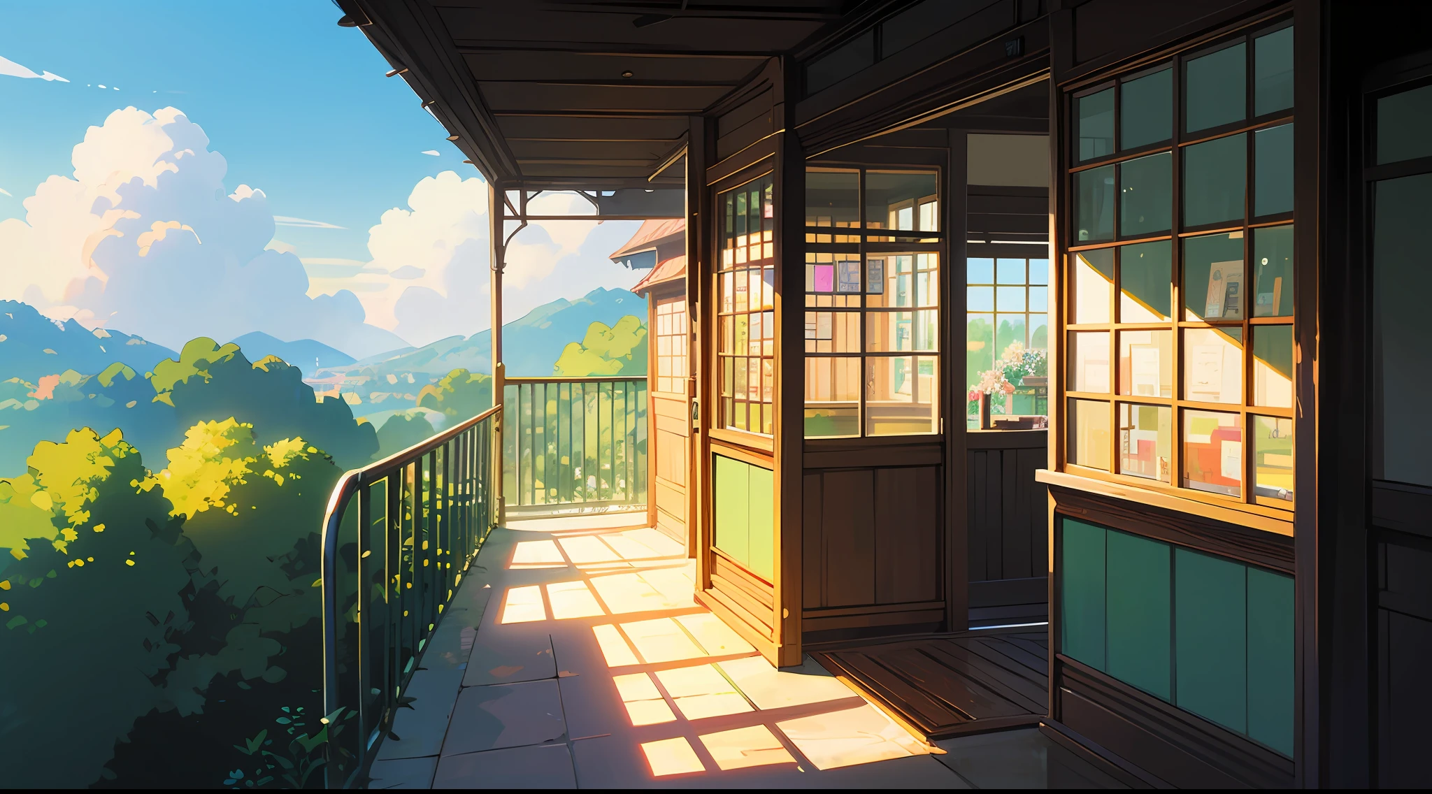 Anime - Stil Bild eines kleinen Ladens mit einem Balkon und einem Balkon, Anime-Hintergrundkunst, hochdetaillierter Laden, in Stil des Makoto Shinkai, Stil des Makoto Shinkai, Studio Ghibli Sonnenlicht, schöne Anime-Szene, schöne Anime-Szenery, detaillierte Landschaft — Breite 672, Studio glatt Makoto Shinkai, von Makoto Shinkai