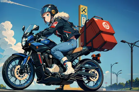 Beautiful highschool girl、touring、Wearing a full-face helmet、Riding jacket、Damaged jeans、Bike Gloves、Engineer Boots、roadside sta...