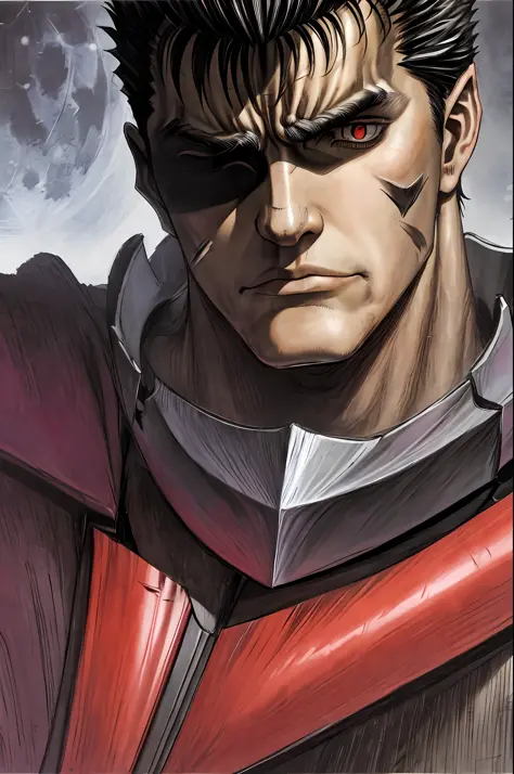 Rage look, red eyes, full of anger, shouting, spitting blood,portrait of guts \(berserk\), 1boy, black hair, ((depressed)), sad,  expressionless face, lifeless,  looking away, male focus, one eye closed, dark background, scar, scar on face, scar on nose, c...