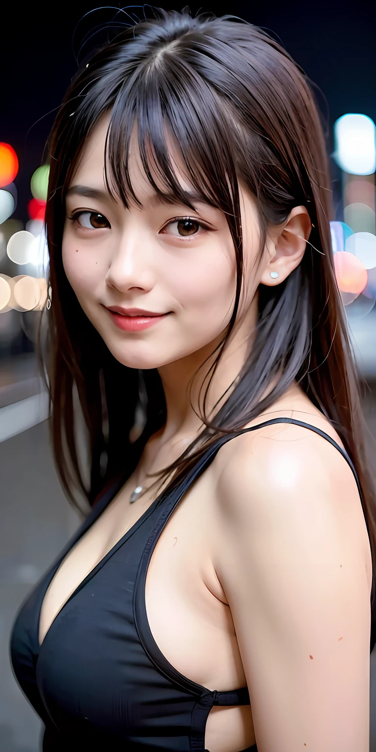 1girl, Tokyo street,night, cityscape,city lights,upper body,close-up,smile,, (8k, RAW photo, best quality, masterpiece:1.2),(realistic, photo-realistic:1.37),