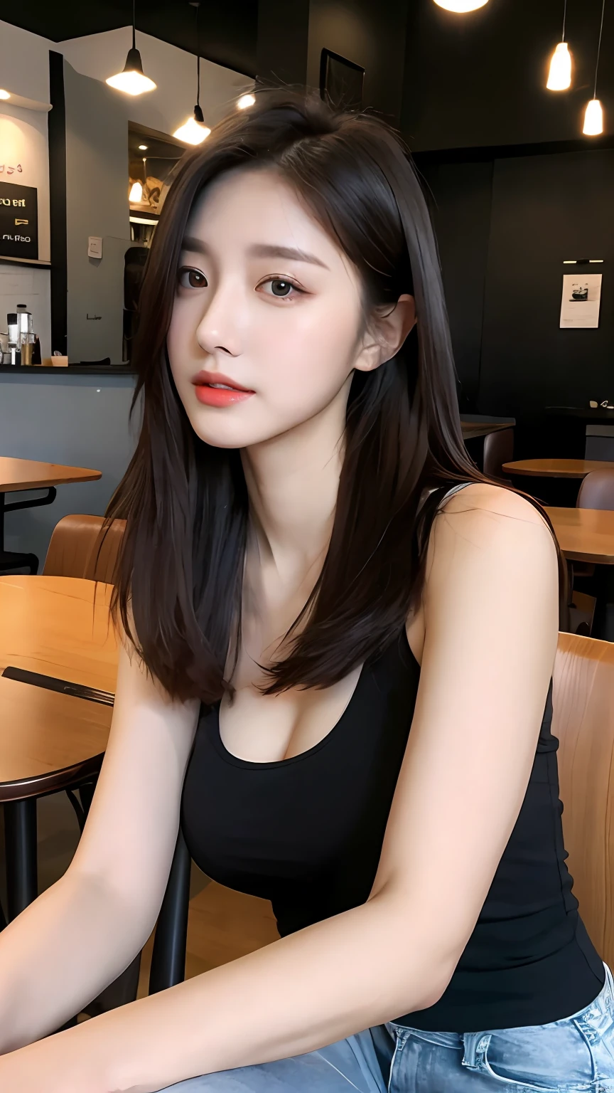 (Realistic, High resolution:1.2), 1 girl, super fine face and eyes, long hair, tight black tank top with black jacket, short jeans, sitting on coffee chair, in café, coffee on table, big breasts