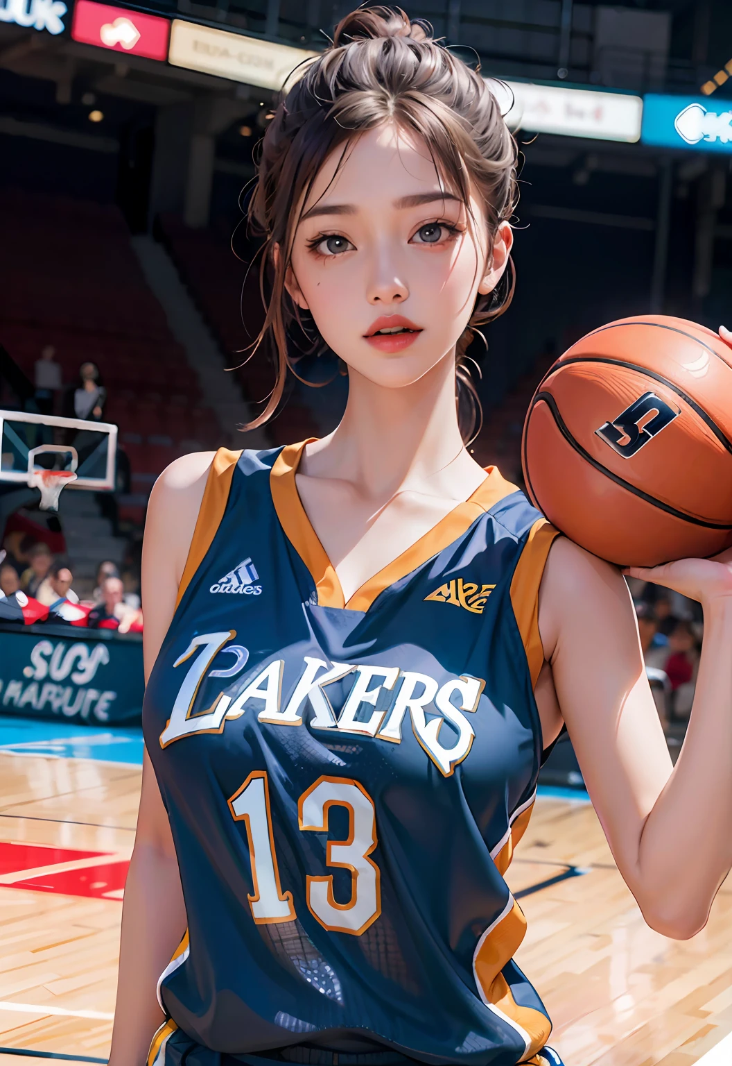 (8k, RAW photo, best quality, masterpiece:1.2), (realistic, photo-realistic:1.4), illustration, highres,hexagon,(1girl), gorgeous, rough skin, (oval face:1.1), professional lighting, photon mapping, radiosity, physically-based rendering, cute,
wear basketball uniform, large breast, ((cleavage)), at  basketball court, pureerosface_v1:0.3