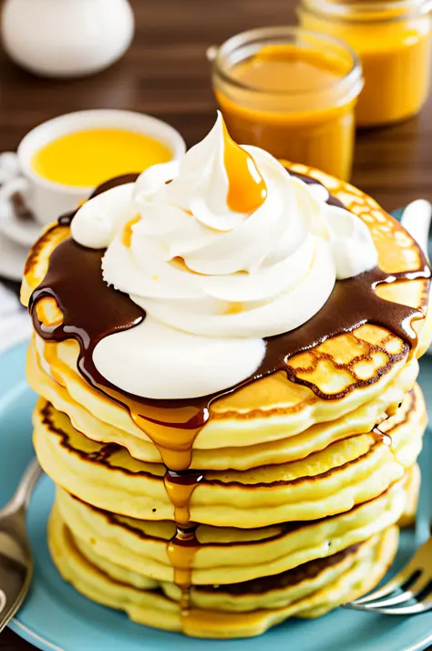 Whipped cream on top２There are stacks of two pancakes, whipped cream on top, whipped cream, cream, kek, Cute:2, Japanese, marmal...