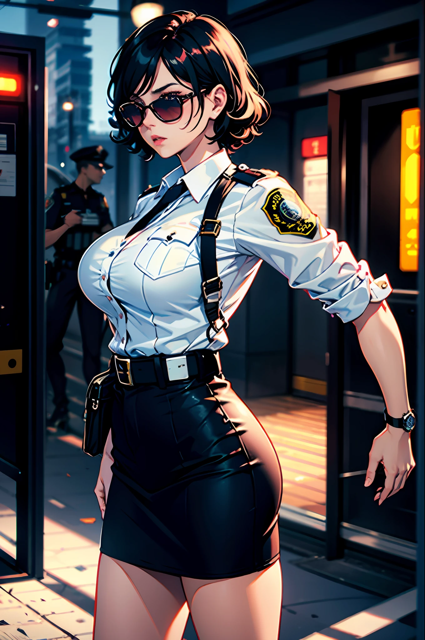 1girls, Policewoman, Delicate and beautiful face, Blush face, Short curly hair, hair spread out, Hair strips dyeing，sun glasses, angry, parted lips, Busty boobs, Convex buttocks, white blouse, With police insignia,Black skirt, Black high heels, handcuffs, perfectly proportioned, Detailed clothing details,  Criminals surround，Crime City, Crime Street, Cinematic lighting, filmgrain, Fujicolor, light and shade contrast, 8K, Masterpiece, Textured skin, Super detail, highdetailed, High quality, high resolutions,