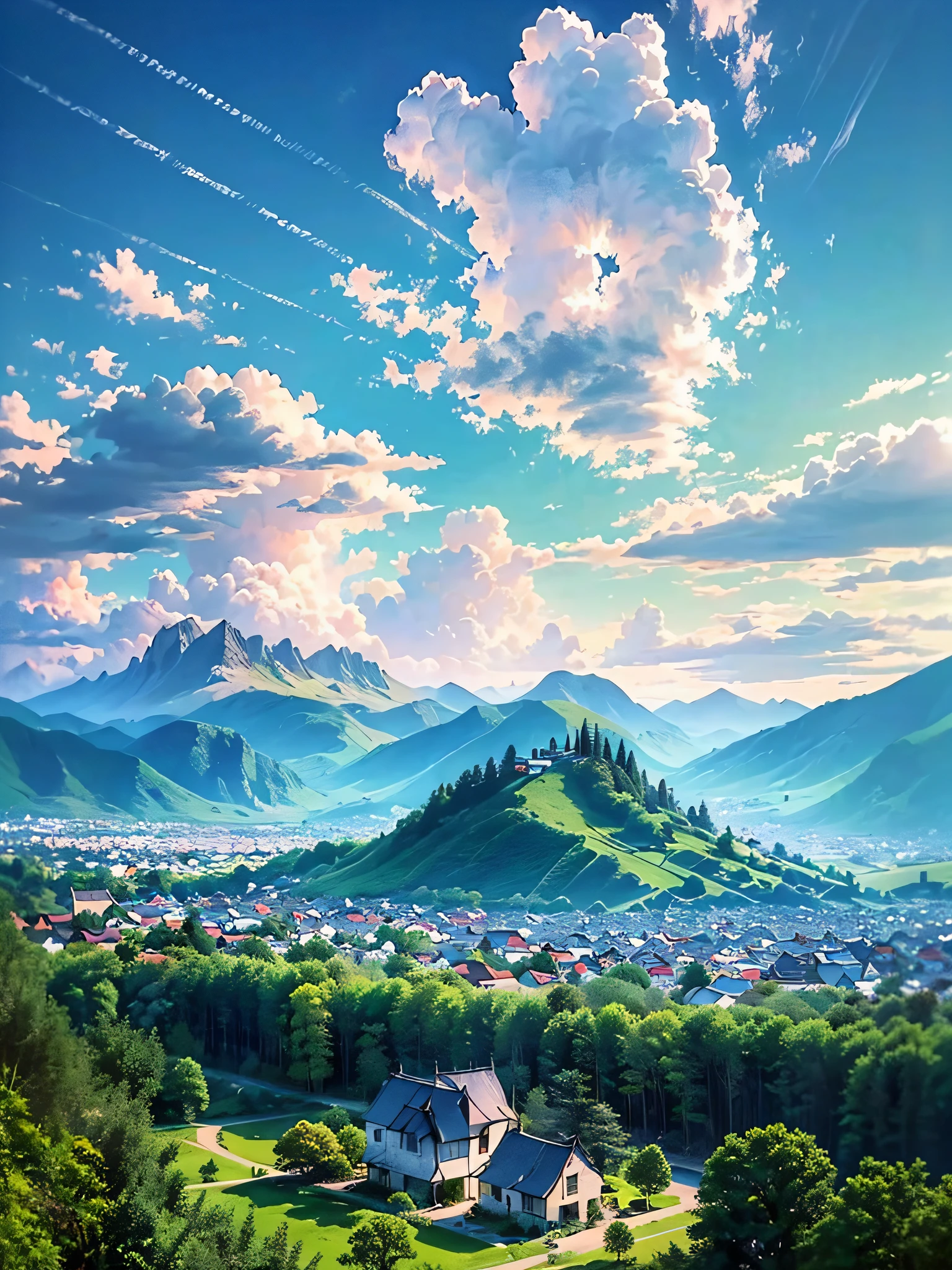 (raw photo:1.5，master-piece，best qulity，ultra-highresolution，8k)， (depthoffield:1.5，finelydetail，Realistic Nipples:1.5)， Ethereal landscapes and detailed cities， A clear sky，Majestic peaks and ruins in the distance，Surreal style