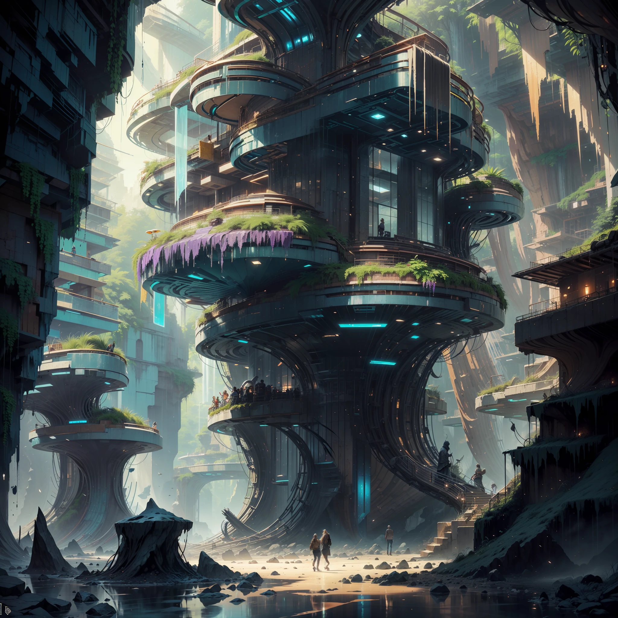 :an awesome sunny cheerful day environment concept art of Futuristic design of cave architecture interiors concept art on grand Canyon caves architecture naturelle, proportionnel,détaillé, la nature de l&#39;architecture troglodyte rencontre l&#39;architecture futuriste sur une falaise de la jungle tropicale avec d&#39;immenses cascades,rayons du crépuscule, la nature rencontre l&#39;architecture moderne dans le style d&#39;Aries Moross, Rem Koolhaas,Daniel Libeskind, Jean Nouvel, Paul Soleri,Toyo Ito et Philip Johnson avec un style de dessin au pinceau sec ,Village clair-obscur,quartier résidentiel à flanc de falaise, développement mixte,architecture naturelle,Couleurs vives,escaliers composés de grande hauteur, balcons, plein de façades vitrées,taillé dans les rochers, chef-d&#39;œuvre, proportionnel, détaillé, tendance sur artstation, bel éclairage, réaliste, complexe