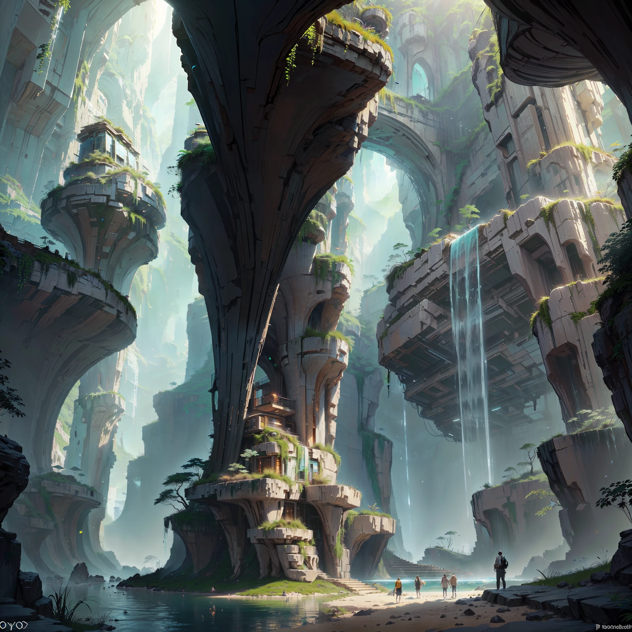 :an awesome sunny cheerful day environment concept art of Futuristic design of cave architecture interiors concept art on grand Canyon caves 自然建筑, 成比例的,详细的, 洞穴建筑，自然与未来主义建筑在雨林丛林悬崖上相遇，还有巨大的瀑布,暮光之光, 自然与 Aries Moross 风格的现代建筑相融合, 雷姆·库哈斯,丹尼尔·里伯斯金, 让·努维尔, 保罗·索莱里,伊东丰雄 (Toyo Ito) 和菲利普·约翰逊 (Philip Johnson) 采用干笔绘画风格 ,明暗对照村,悬崖边住宅区, 混合开发,自然建筑,鲜艳的色彩,高层楼梯, 阳台, 玻璃幕墙,用岩石雕刻而成, 杰作, 成比例的, 详细的, artstation 上的热门, 美丽的灯光, 实际的, 错综复杂