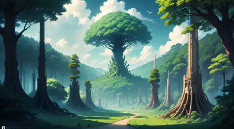 Forest with giant trees, cachoeiras, lindo logo com aves coloridas, sky with clouds, sol, lua, planetas, rochas grandes, with giant alien constructions, realista, fantastical,