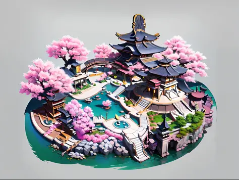 Ancient Chinese architectural design，Game Building、Ancient restaurant、cherry blossom tree，White background，the panorama，Wide-Ang...