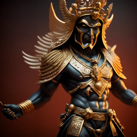 close up of a statue of a GOD with a crown on his head, Aztek. Extremely high detailed shot with the best camera equipment available, beautiful male God of Death, AZTEK KING, unreal engine render + DEMON, extremely detailed god shot, gold eyes, featured on...