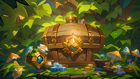 There is a wooden treasure chest on the tabletop，shrooms,blossoms，In the background are some large green leaves， hearthstone concept art, blizzard hearthstone concept art, hearthstone card art, hearthstone official splash art, treasure background, fantasy ...