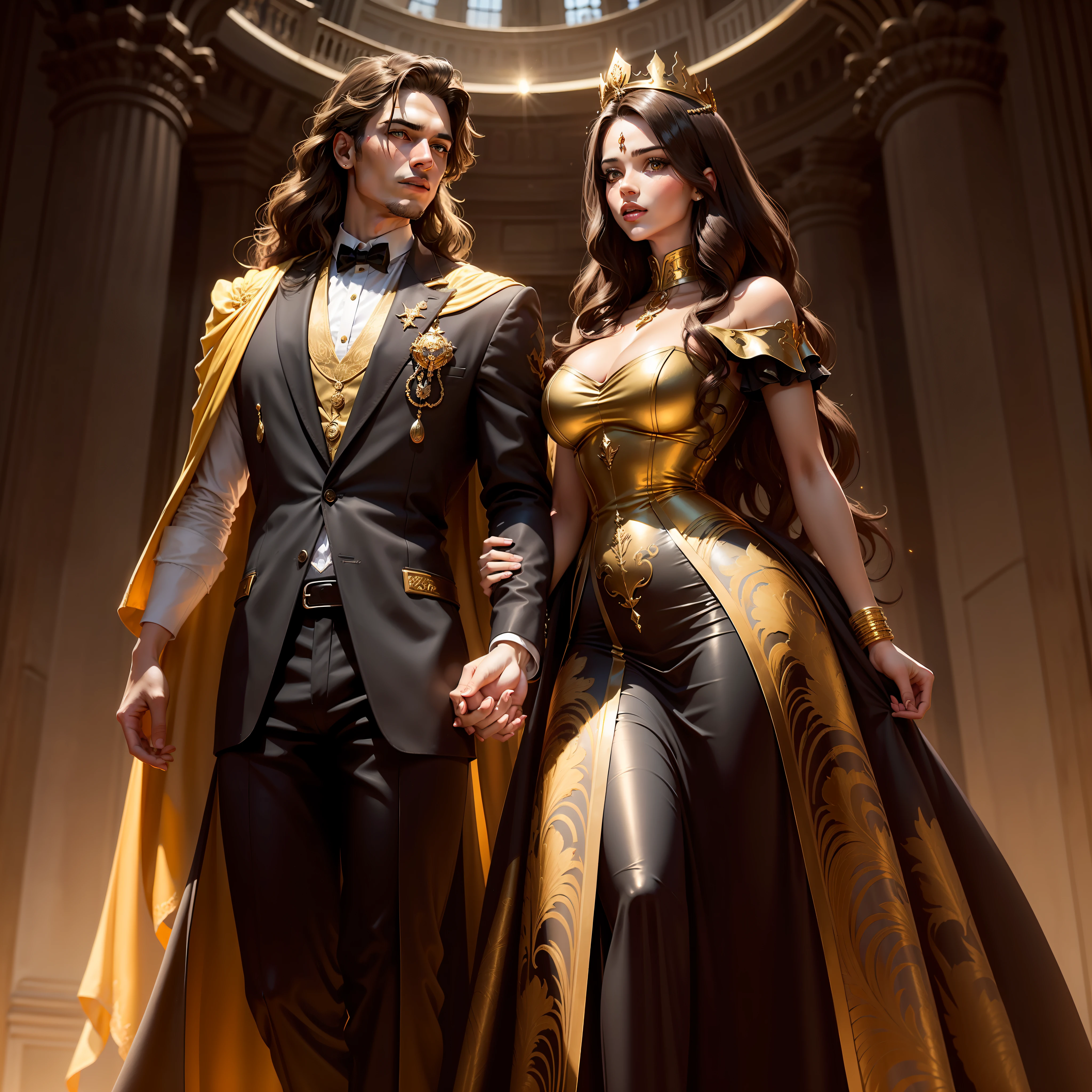 Lady, tall, brown hair faded to golden brown, curvy, nice dark dress, dark academia style clothing, light tan skin, gold eyes, modest dress, queen, clouds in background, gold detailing, gold crown, gems, gold black brown color scheme, & Male, black hair, king, royal, gold details, black suit, holding hands