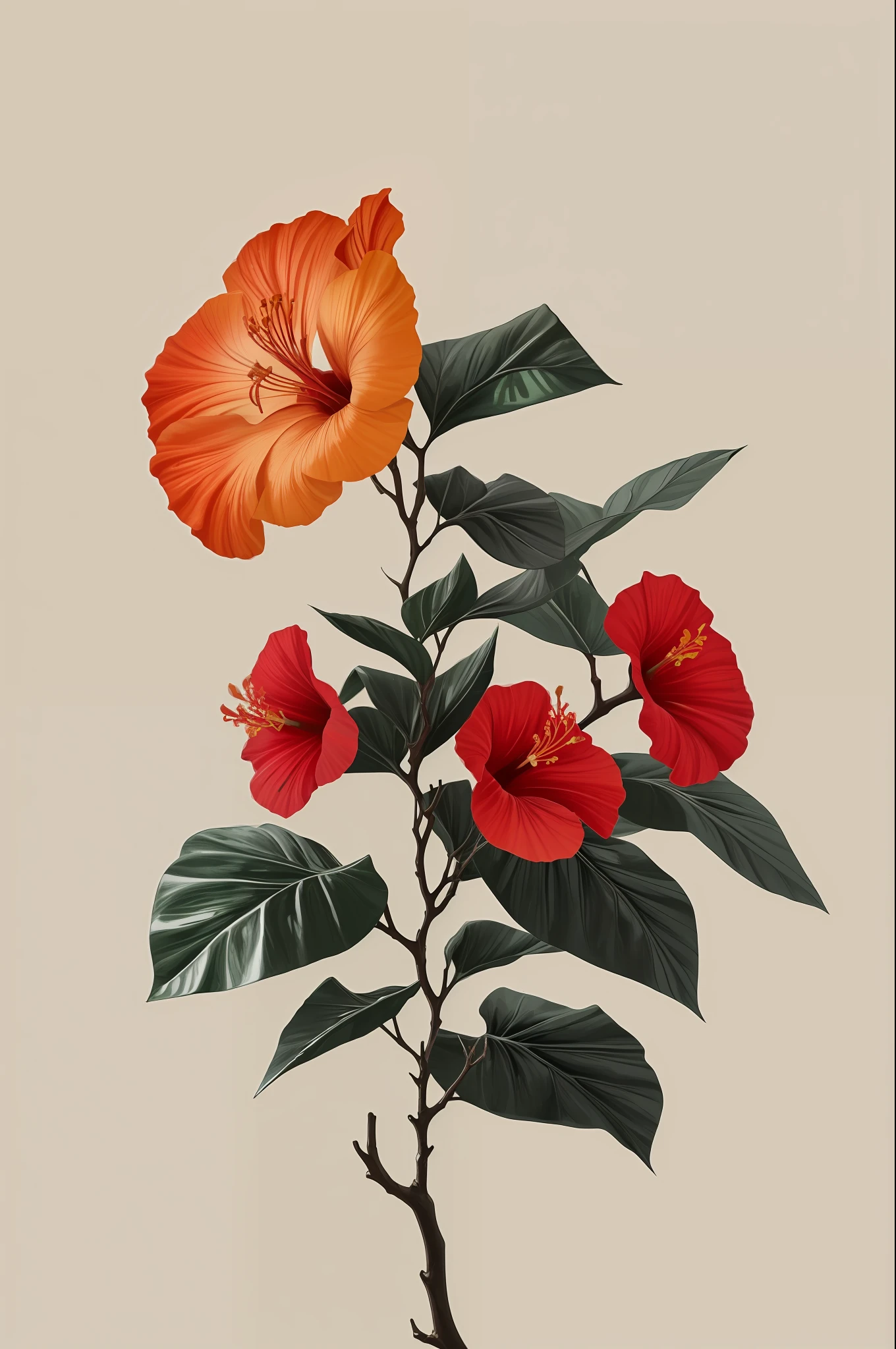 flor de hibisco que florece en una rama nudosa sobre un fondo gris, fondo sencillo, en estilo naranja claro y beige claro., Imágenes minimalistas, instalaciones de fotografía, paleocore, verde y carmesí, Híper realista, intimidad poética