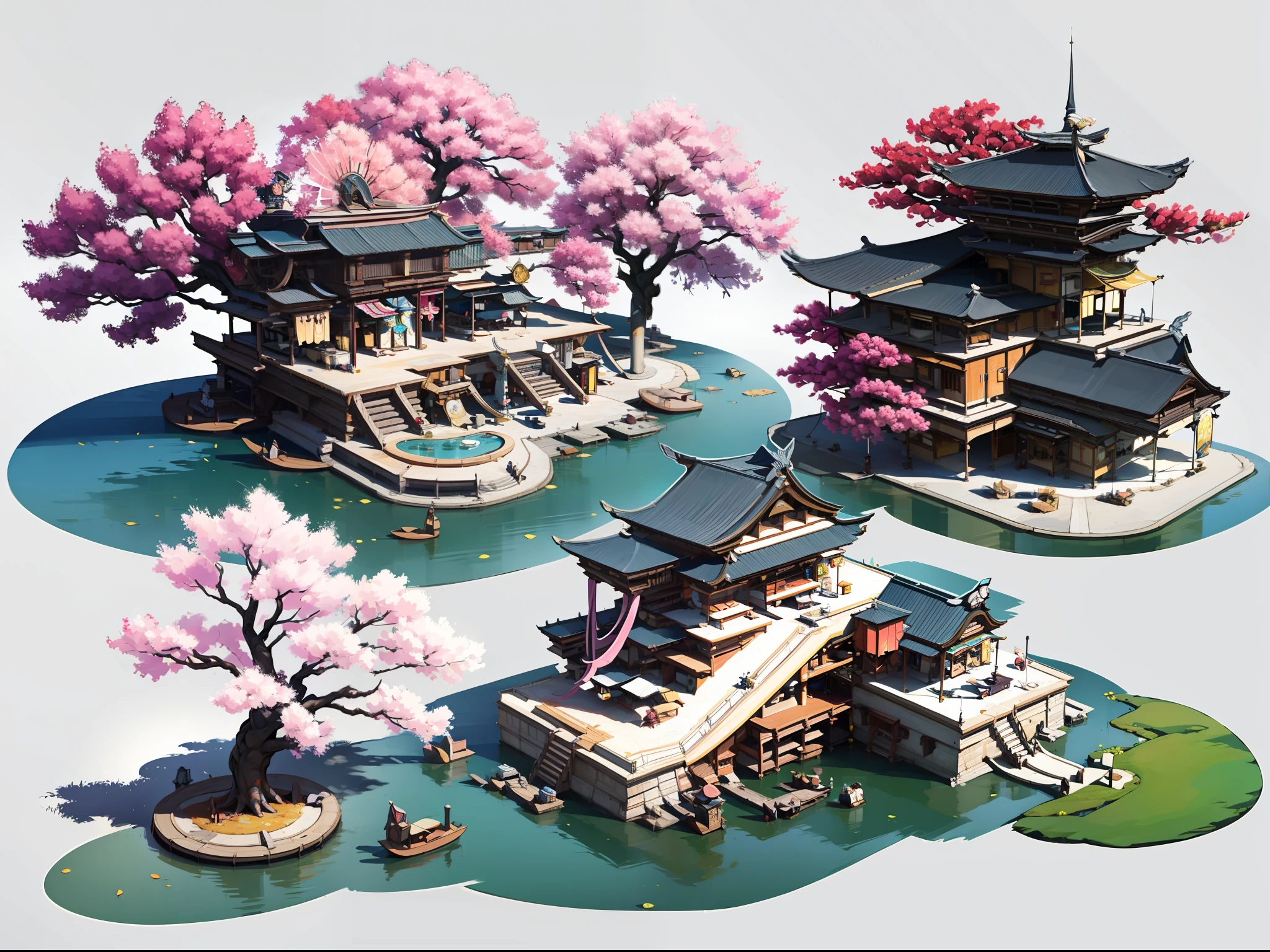 Game architectural design，super wide angle，the panorama，Ancient Chinese architecture、Cherry blossom trees，is super detailed，Aerial view，Epic composition，Realistic lighting，Crazy details，Simple clean white background，（White background），Natural light，3D art，C4D，OC renderer，3D rendering，Reasonable structure，game icons，master-piece，Top quality，Best quality，officlal art，dream，aesthetics，Perfect art，16k