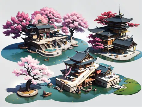Game architectural design，super wide angle，the panorama，Ancient Chinese architecture、Cherry blossom trees，is super detailed，Aeri...