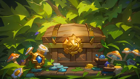 There is a wooden treasure chest on the tabletop，shrooms,blossoms，In the background are some large green leaves， hearthstone concept art, blizzard hearthstone concept art, hearthstone card art, hearthstone official splash art, treasure background, fantasy ...