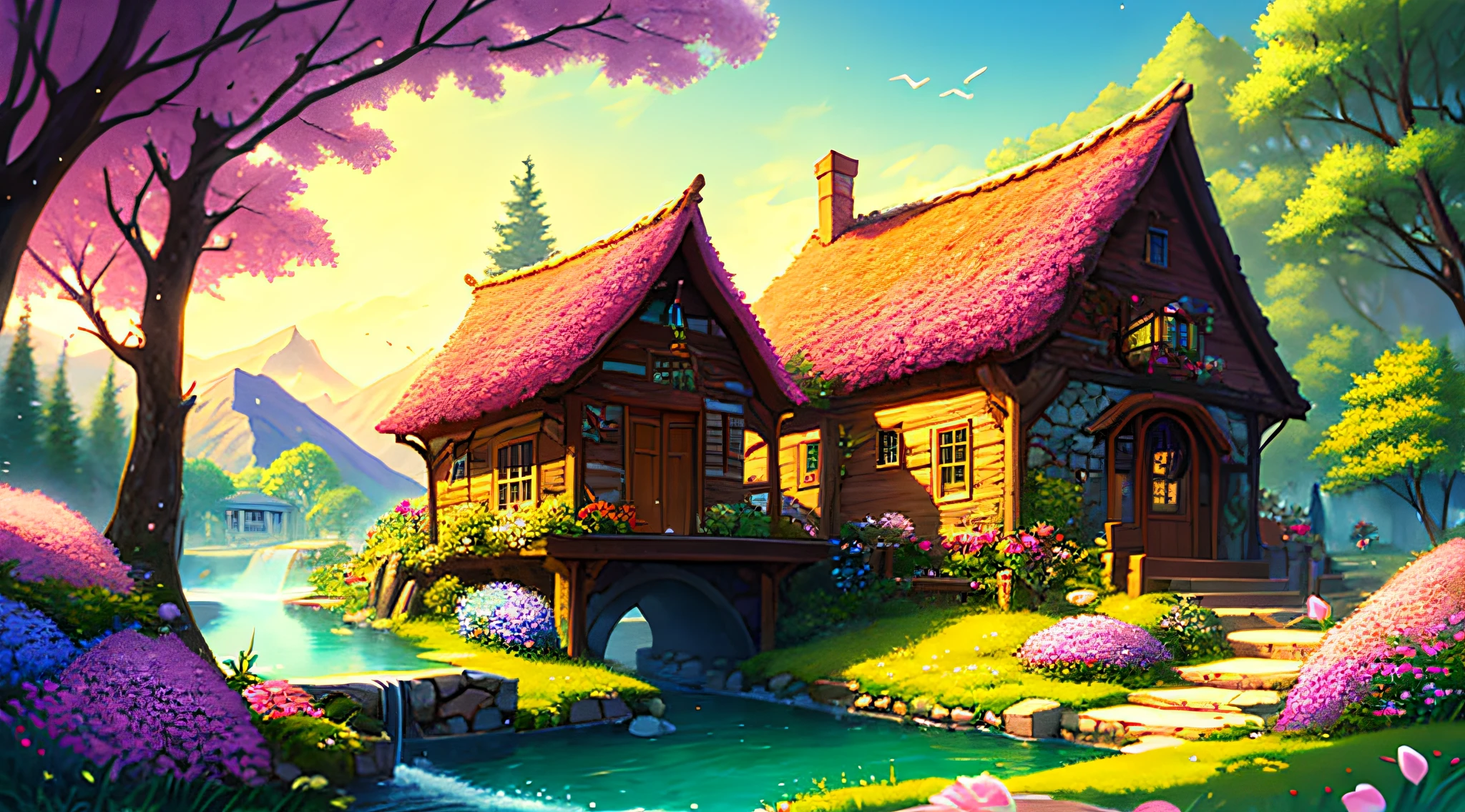 mountain valley，Green fairy chalet，Pink City Protector，Spring，brook，24K HD ，Fine image quality，Master paintings，Ultra-detailed description