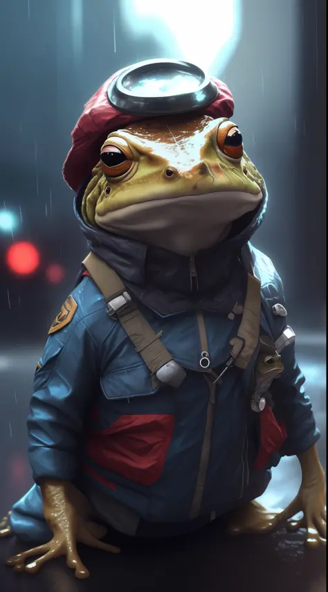 there is a toad with a hat and jacket on in the rain, wojtek fus, cyberpunk frog, ultra realistic concept art, hyperrealistic co...