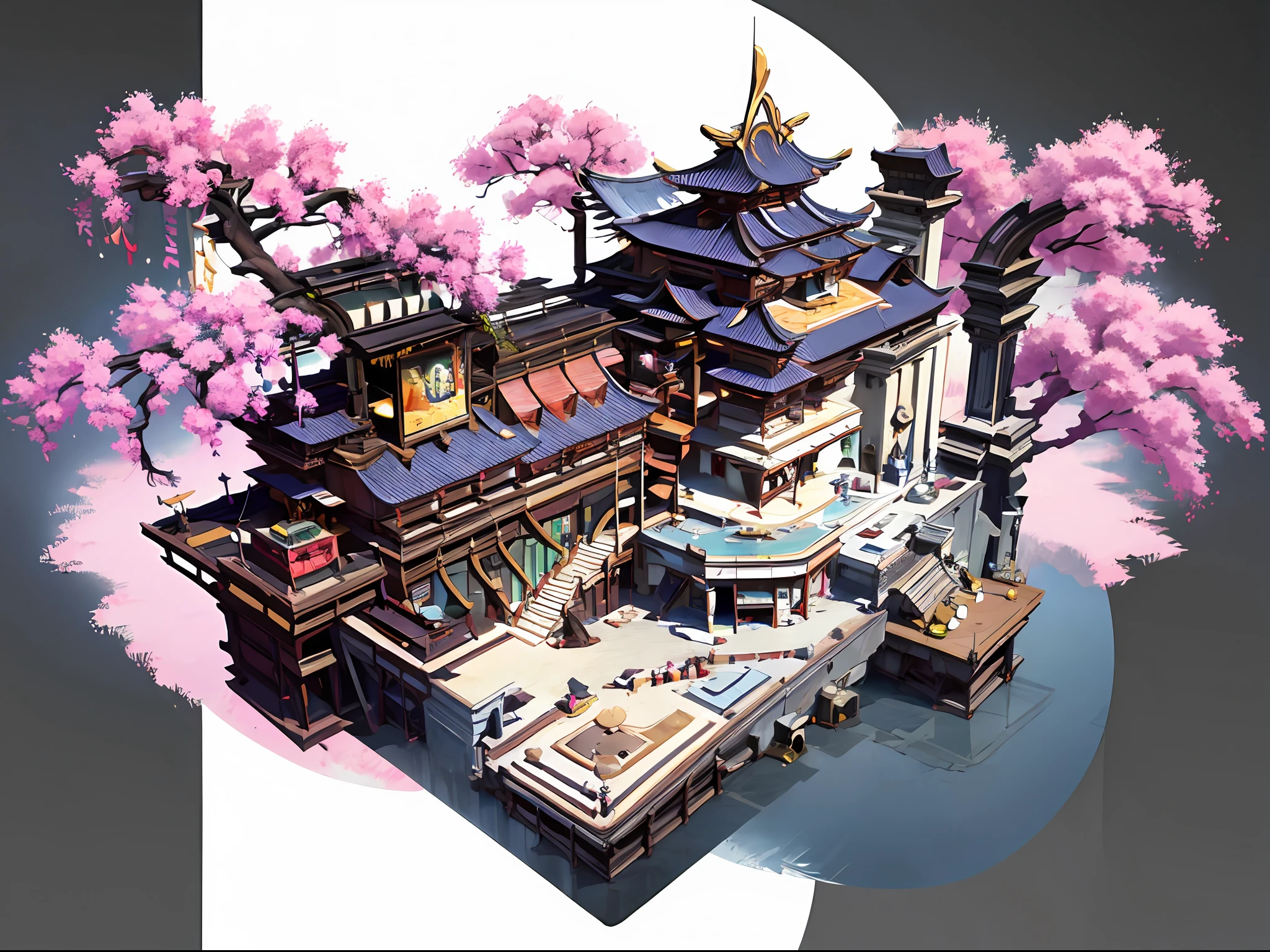 Ancient Chinese architectural design，Game Building、Ancient restaurant、Huge wisteria，White background，the panorama，Wide-Angle，viewed from bird's-eye，master-piece，best qulity，16k